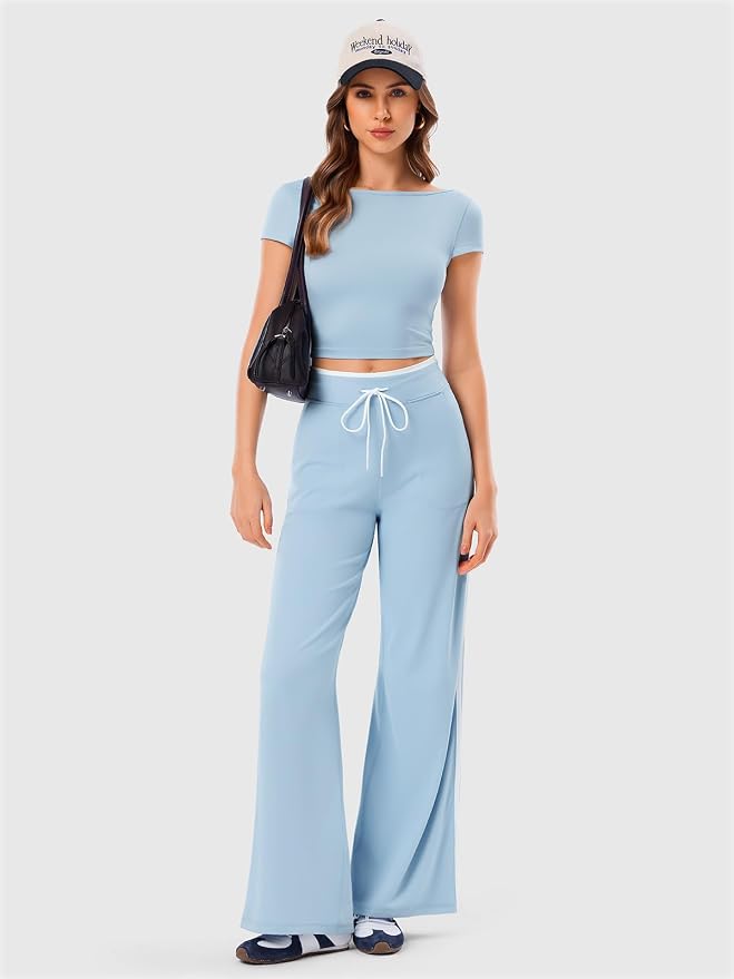 Women's Wide Leg Yoga Pants with Side Stripe, High Waisted Color Block String Lounge Pants, Workout Flowy Track Pants with Pockets