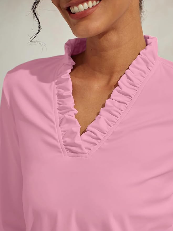ACEGOLFS Womens Golf Polo Shirts Casual Ruffle V Neck Long Sleeve Tops for Women UPF 50+ Rash Guard Ladies Pullover Shirt