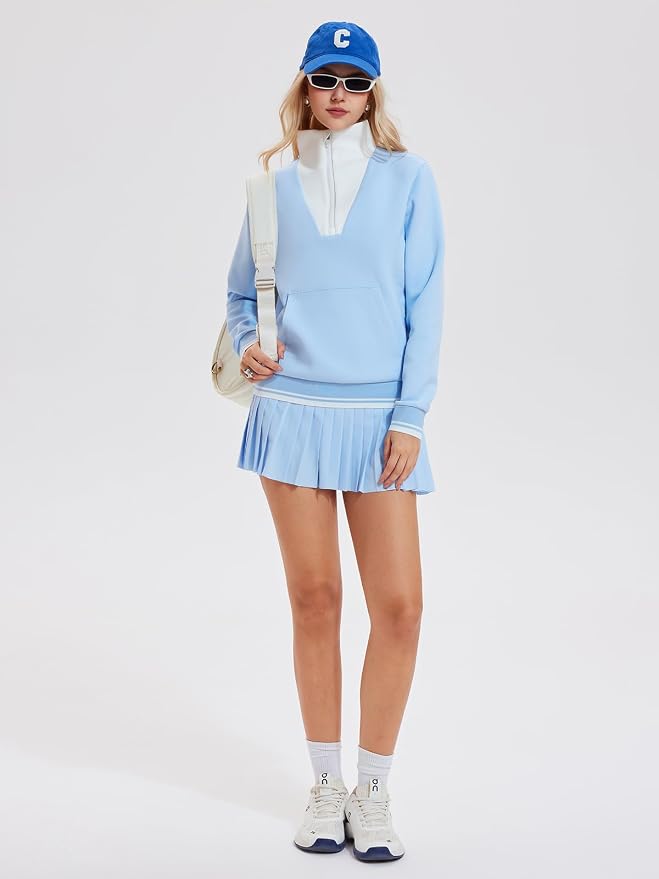 Airfree Women Two Piece Tennis Skirt Set Golf Outfits Half Zip Oversize Pullover Sweatshirt 2 Piece Skirt Sets with Pockets