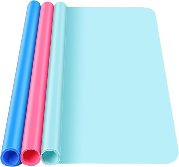 3 Pack Silicone Craft Mat, IKOCO 15.7"x 11.8" Playdough Mat Nonslip and Nonstick Silicone Sheets for Crafts, Paint, Resin Casting Molds, Blue & Rose Red & Cyan