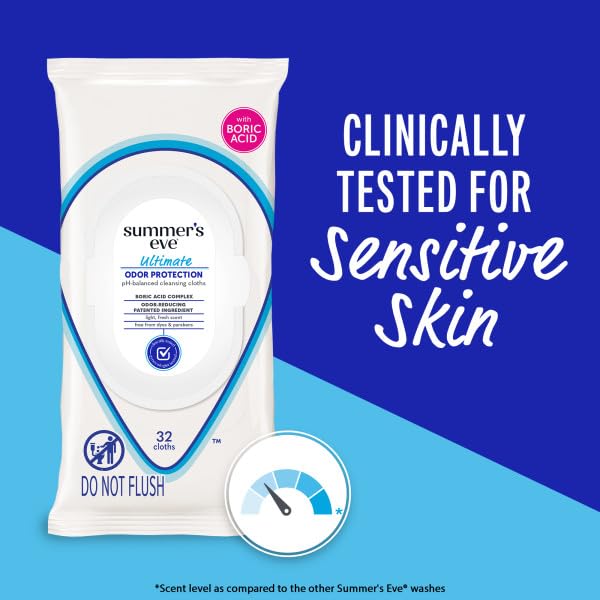 Summer’s Eve Ultimate Odor Protection Feminine Cleansing Wipes, Daily Intimate Cloths, with Boric Acid Complex, pH Balanced, Removes Odor, 32 Count (Pack of 4)