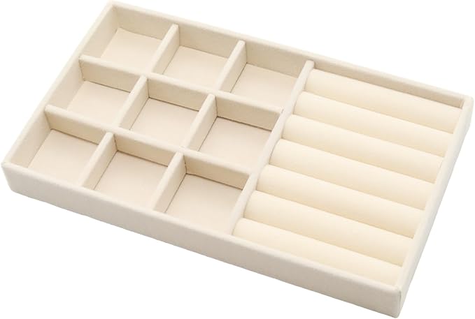 Velvet Jewelry Organizer Trays Beige 9 Grids and Rolls | Stackable Jewelry Storage Display Tray with Removable Dividers for Drawer Dresser Cloest Organizer