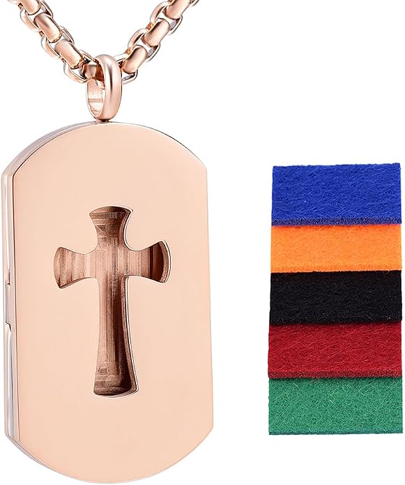 Cross Essential Oil Diffuser Necklace Aromatherapy Pendant Locket Jewelry Stainless Steel Perfume Necklace| 22 Adjustable Chain| 12 Refill Pads| Gift Box