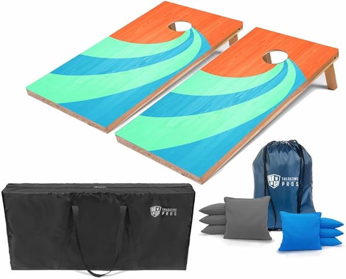Tailgating Pros Regulation Cornhole Boards - 4'x2' Lightweight Wooden Retro and Classic Themed Cornhole Game w/Carrying Case & Set of 8 Corn Hole Bean Bags w/Tote