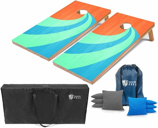 Tailgating Pros Regulation Cornhole Boards - 4'x2' Lightweight Wooden Retro and Classic Themed Cornhole Game w/Carrying Case & Set of 8 Corn Hole Bean Bags w/Tote