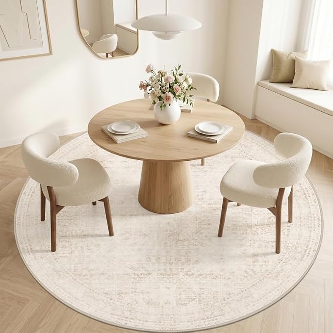 Round Area Rug for Living Room: 8ft Vintage Boho Neutral Washable Circle Rug Soft Large Circular Carpet for Bedroom Nursery Farmhouse Dining Room Office Floor Non-Slip Low Pile Under Table Rug Beige