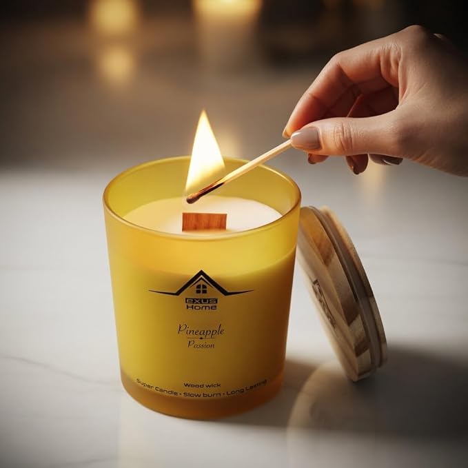 Exus Hand Crafted, Soy Wax, Wood Wick, Aromatic Candle. Non-Toxic (Pineapple/Passion)