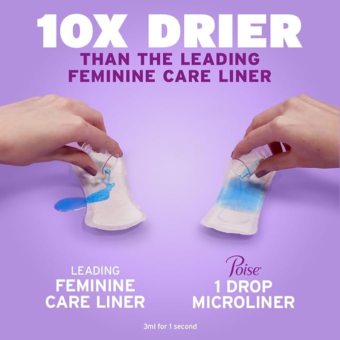 Poise Daily Microliners, Incontinence Panty Liners for Bladder Leaks, 1 Drop Lightest Absorbency, Long Length,Pantiliners, 50 Count (Pack of 6)