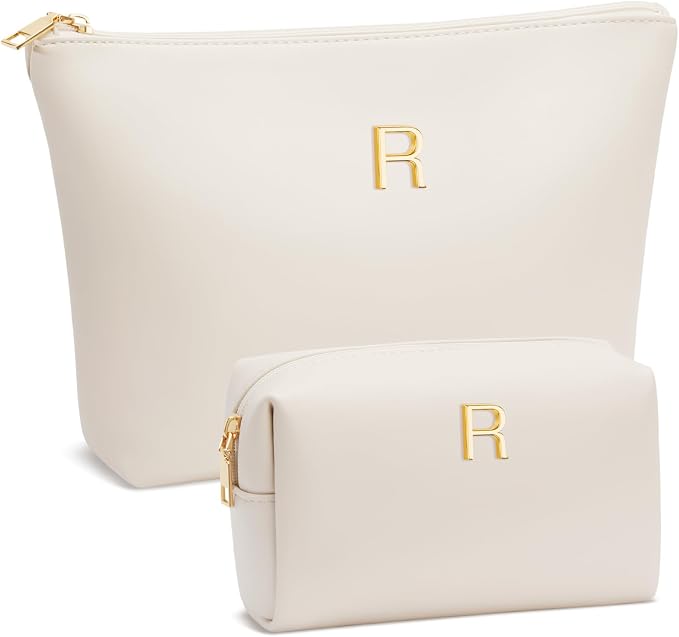 Women Gifts | Initial Makeup Bag for Girl Personalized Gifts for Bridesmaid Friend PU Leather Cosmetic Travel Toiletry Bag(Beige,R)