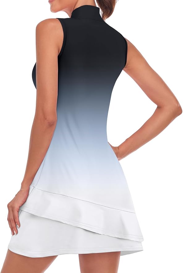Viracy Tennis Dress for Women Sleeveless Golf Dresses with Shorts and Pockets Ruffle Zip Up Stand Collar Golf Outfits