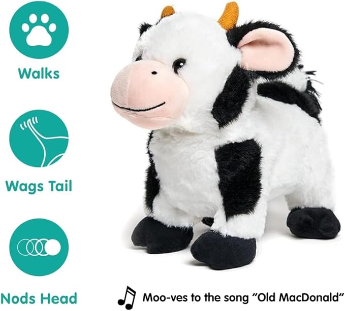 Cuddle Barn - Barnyard Buddies Cow | Animated Singing Cow Plush Stuffed Animal | Walks and Wags Tail to Old Macdonald, 8 inches