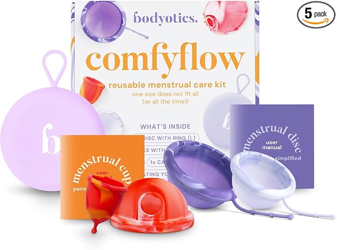 Comfyflow - Reusable Period Care Pack - Menstrual Cup and Discs with String, Ring, and Carrying Pouch - Comfort-Fit Design - Includes E-Book Guide - 5 Pack