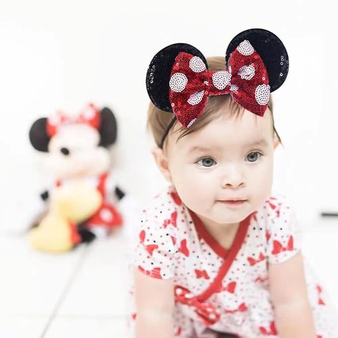 JIAHANG Mouse Ears Sequin Bow Nylon Hairband with Polka Dot, Hair Bow Headband, Soft Elastic Headwear for Baby Girl Newborn Toddler, kids, Party Supplies