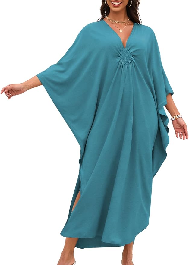 ChiaoLezhee Print Moo-Moos for Women, Kaftan Cover-Up Dresses, Sexy V-Neck High-Slit, Beach Pool-Party Coverups Muumuu Plus