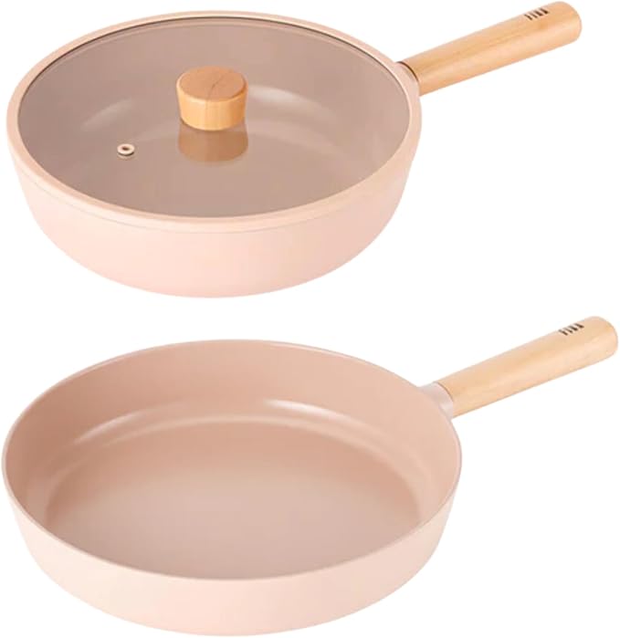 Neoflam FIKA Kitchen Nonstick Stir Frying 10 inch Wok with Glass Lid & 11 inch Pan, Non Stick Ceramic Coating Skillet with Wood Handle, Induction Compatible Pan Set, Made in Korea (10, 11 inch)