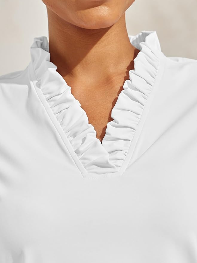 ACEGOLFS Womens Golf Polo Shirts Casual Ruffle V Neck Long Sleeve Tops for Women UPF 50+ Rash Guard Ladies Pullover Shirt