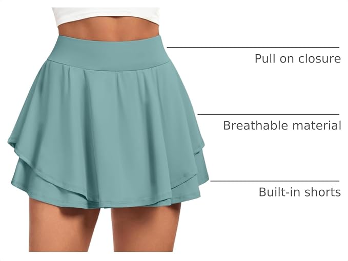 IUGA Tennis Skirt Pleated Skorts for Women with Pockets Skirts for Women | Double Ruffle Skort , Built-In Shorts, 2 Pockets, Tummy Control Breathable, Quick-dry, for Golf, Athletic, Running, Workout