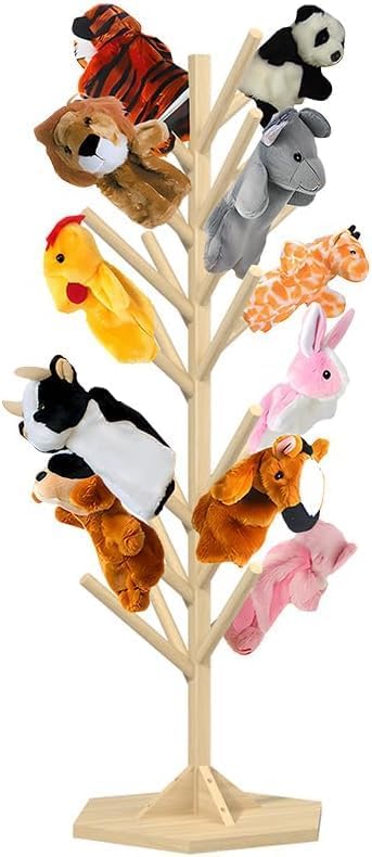 Wooden Puppet Stand – 45.5" Tall Puppet Tree Holds 30 Hand Puppets, Durable Anti-Crush Design for Safe Storage and Display