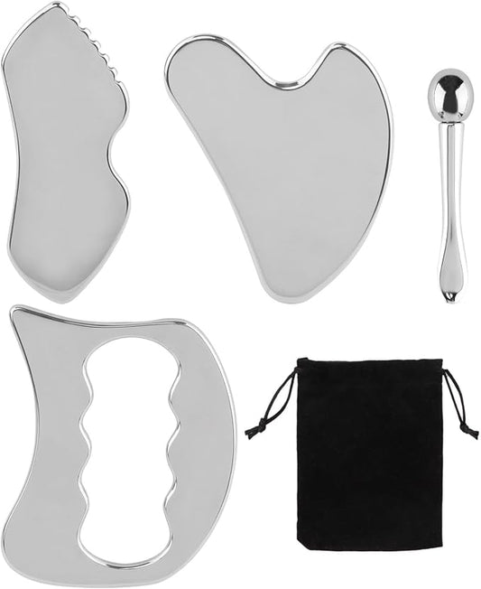 4-in-1 Stainless Steel Gua Sha Tool Set, Gua Sha Facial Tools, Fascial Massager for Deep Tissue Relief, Facial Contouring & Puffiness Reduction