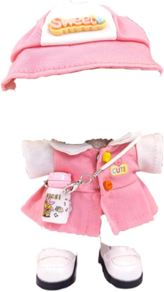 5 Set 17cm Doll Clothes -Clothes for Dolls Outfit - Accessories for 17cm Dolls Clothes +Light Pink Heart-Shaped Velvet hat + Small Camera + Glasses + Canvas Shoes, No Doll Included (Style L)