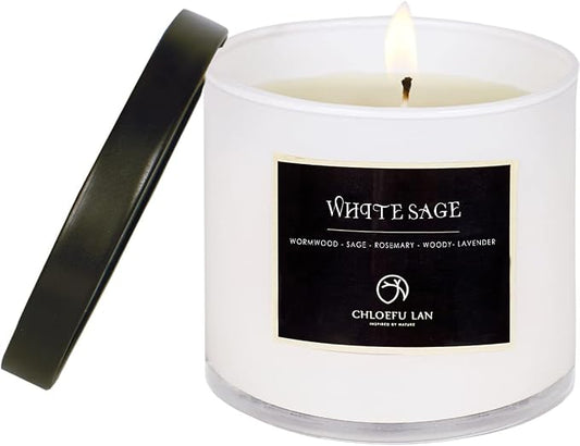 White Sage Candle for House Energy Cleansing and Chakra Healing-Relaxing Soy Scented Candles Gift for Women 7.1oz|45 Hour Long Lasting Glass Jar Candle Stress Relief