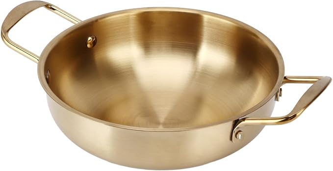 Korean Ramen Noodle Pot with Handles, Stainless Steel Ramen Cooking Pot Korean Noodle Pot without Lid, Golden Korean Cooking Pot for Soup, Noodle, Pasta, Home and Outdoor (26cm)