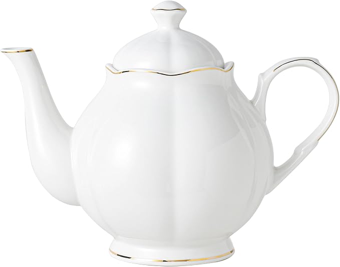 34oz White Porcelain Teapot with Gold Trim, Classic Ceramic Teapot for Loose Leaf Tea & Tea Bags, Elegant Teapot for Daily Use or Gifts
