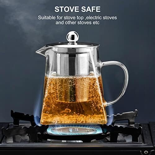 PARACITY Glass Teapot Stovetop 32OZ, Borosilicate Clear Tea Kettle with Removable 18/8 Stainless Steel Infuser, Teapot Blooming and Loose Leaf Tea Maker Tea Brewer (square, 550ML)