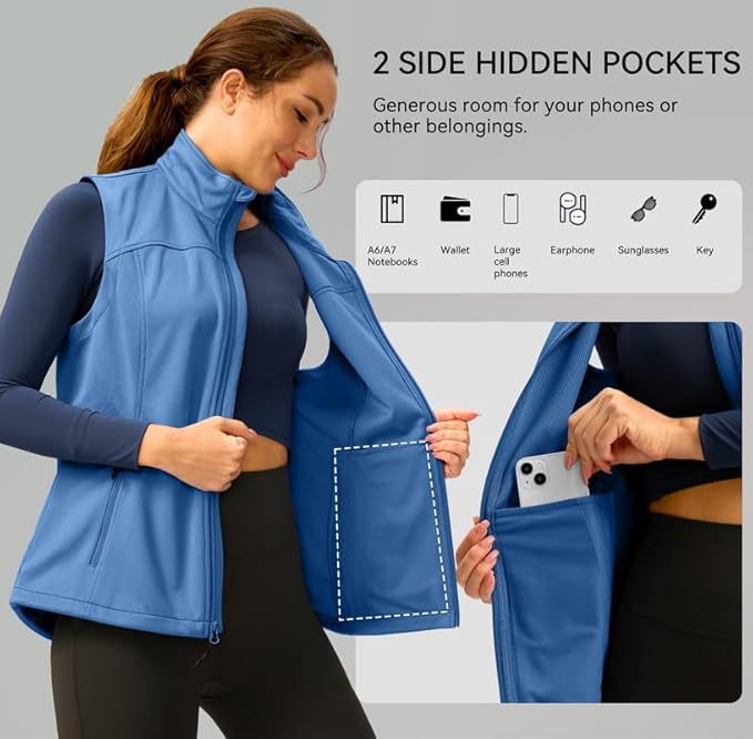 Soothfeel Women's Vest with Zipper Pocekts Lightweight Softshell Sleeveless Jacket Hiking Travel Golf Running Vest for Women