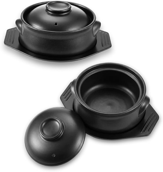 2 Pcs Korean Stone Pot Clay Cooking Pot Set, 38 oz Heat Resistant Ttukbaegi,Ceramic Dolsot Bowl with Lid & Trivet, ideal for Bibimbap, Korean Soup, Stew, Ramen & Rice