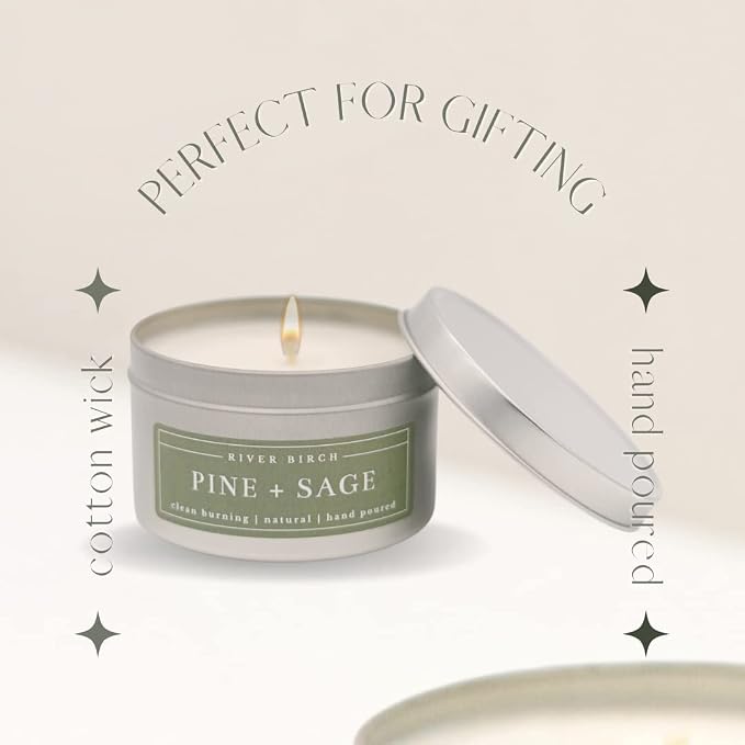 River Birch Candles Pine + Sage Scented Candle | Premium, All-Natural, Non-Toxic, Soy Candles | 8 oz. Silver Tin Travel Candle | Cozy Relaxing Gifts for Home