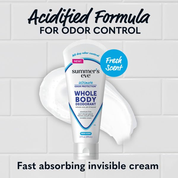 Summer’s Eve Ultimate Odor Protection Whole Body Deodorant Cream, Fresh Scent, Aluminum Free, All Day Odor Control, Invisible Cream, 3 Ounce (Pack of 4)