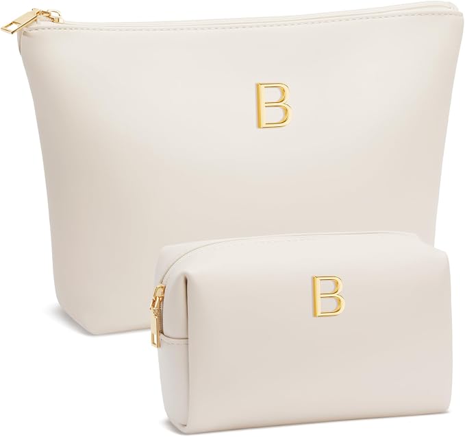 Women Gifts | Initial Makeup Bag for Girl Personalized Gifts for Bridesmaid Friend PU Leather Cosmetic Travel Toiletry Bag(Beige,B)