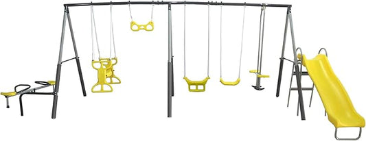 XDP Recreation Rising Sun Playground Metal A Frame Kids Swing Set with Outdoor Backyard Playset with Slide, See Saw, Glider, and Swings, Yellow