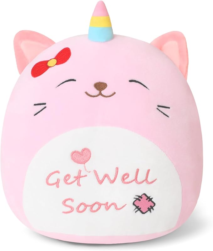 Get Well Soon Caticorn Plush, Cute Pink Caticorn Stuffed Animal, Soft Feel Better Gifts for Kids Women Men