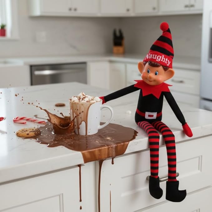 Toyland®️ Elves with Attitude 35cm (14") Red & Black 'Naughty' Elf Soft Toy - Knitted Hat & Legs - Vinyl Cheeky Face & Stick Together Hands - Festive Fun for All!