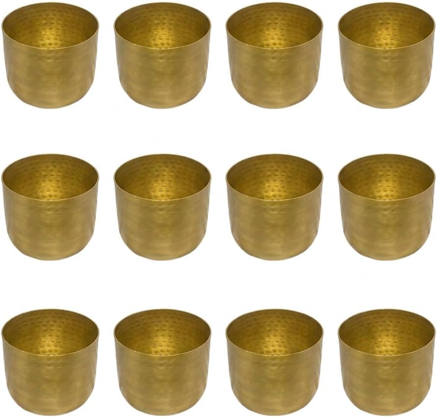 Serene Spaces Living Antique Brass Look Gold Hammered Pots: Stylish Indoor Planter, Decorative Accent for Potted Plants, Gold Flower Vase for Wedding, Extra Small, Set of 12
