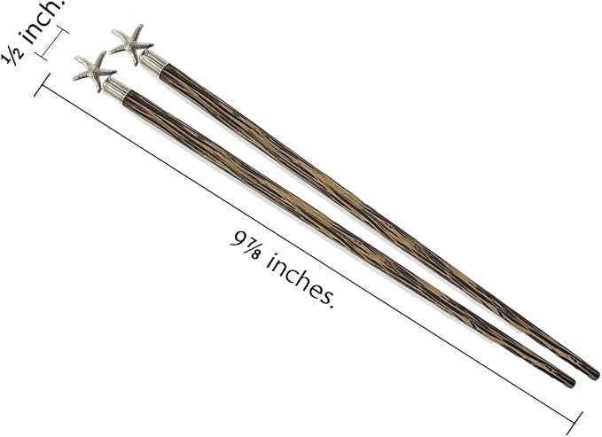 Wooden Chopsticks 9⅞" Coconut Palm Wood Chopstick With Metal Starfish Top Eating Utensils Oriental Cutlery Asian Tableware Decorative Dinnerware to Serve Chinese Japanese Korean Food
