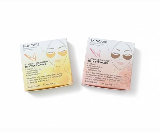 Eye Mask Gel Pads Duo Set (30 Pairs) – Vitamin C Brightening & Caffeine De-Puffing Jelly Patches – Under Eye Treatment for Dark Circles, Bags & Wrinkles with Niacinamida & Hyaluronic Acid