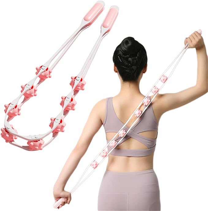 Back Massage Roller Rope, Manual Balll Pull Back Strap with 8 Rollers, Handheld Cellulite Self Massage Tool for Body Shaping, Leg Muscle Relief (Pink)