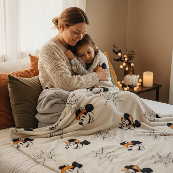 Jay Franco Kids Halloween Plush Throw Blanket – 50x70 Inch Ultra Soft & Comfy Fleece Throw for Couch, Sofa, Bed – Cozy Home Décor for Living Room & Bedroom, Beige - Mickey & Minnie Mouse