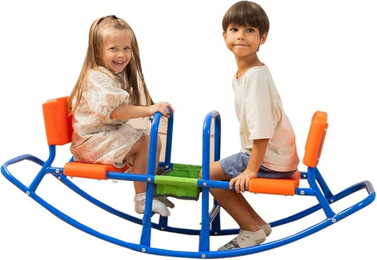 PLATPORTS Double Rocking Seesaw – 2-Seater Teeter Totter for Kids Ages 3-5 – Outdoor Ride-On Playground Toy for Two Children – Durable Steel Rocking Chair Seesaw for Backyard Fun