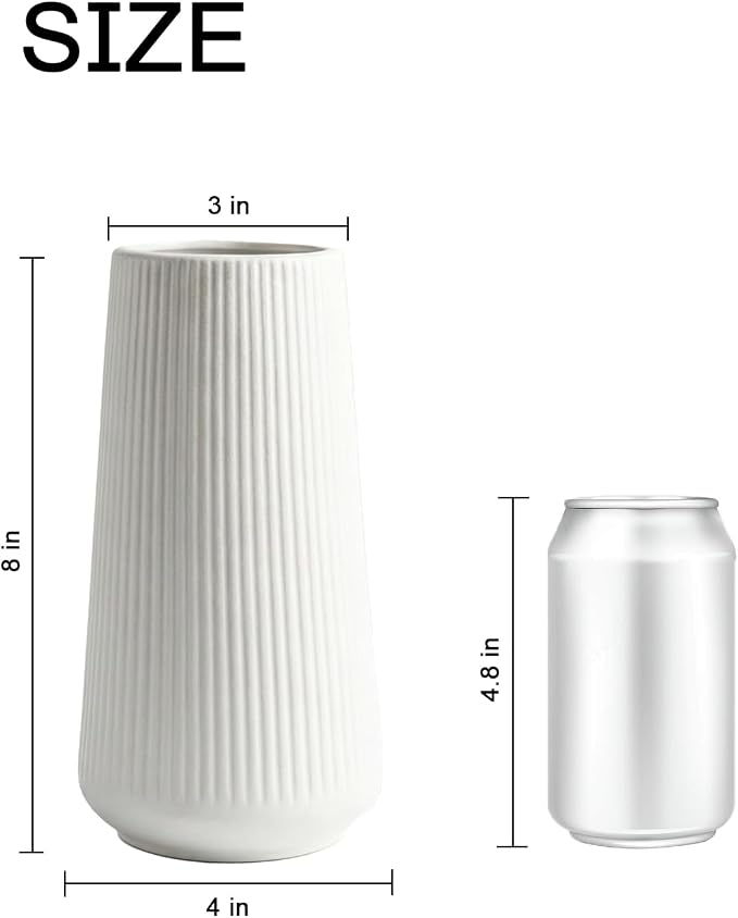 White Ceramic Vase, 8 Inch Flower Vases for Pampas Grass and Dried Flowers, Modern Vase for Living Room Table, Kitchen Shelf, Wedding Centerpiece Decor