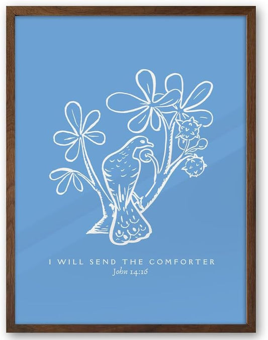 EcoHest 12x16 in John 14:16 I Will Send The Comforter Christian Wall Art | Walnut Color Solid Oak Frame， Canvas Wall Art, Bible Verse Holy Spirit Floral Decor for Bedroom, Living Room, Office, 1Pack