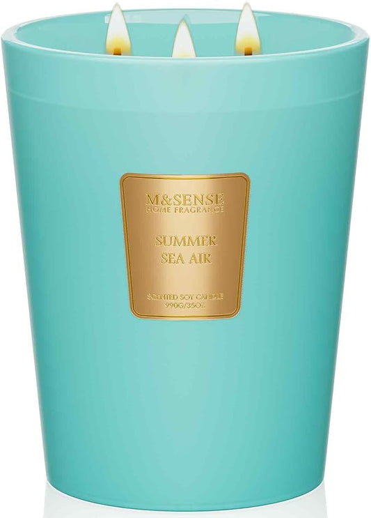 M&SENSE Summer Sea Air Scented Candle, 35oz 3 Wick Extra Large Natural Soy Wax Candles 150 Hours Long Lasting Slow Burning, Candles Gift for Summer Home Decor