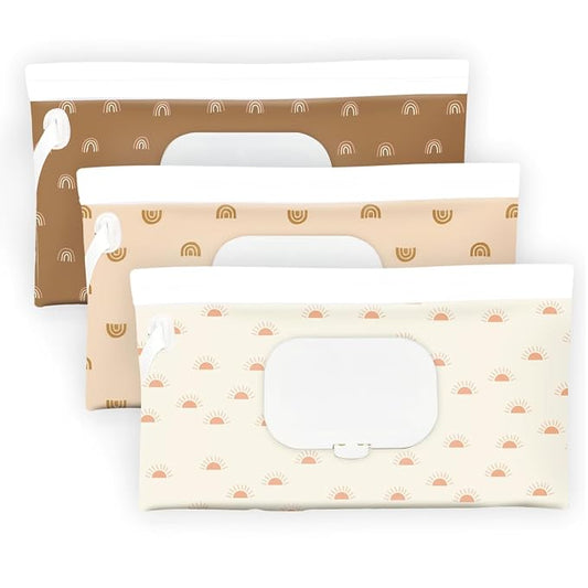 Baby Wipe Holder,Wipe Dispenser, 3-Pack Portable Refillable Wipe Container,Reusable Travel Baby Wipes Case, Waterproof and Dustproof, Wipe Holder for Diaper (Bohemian)