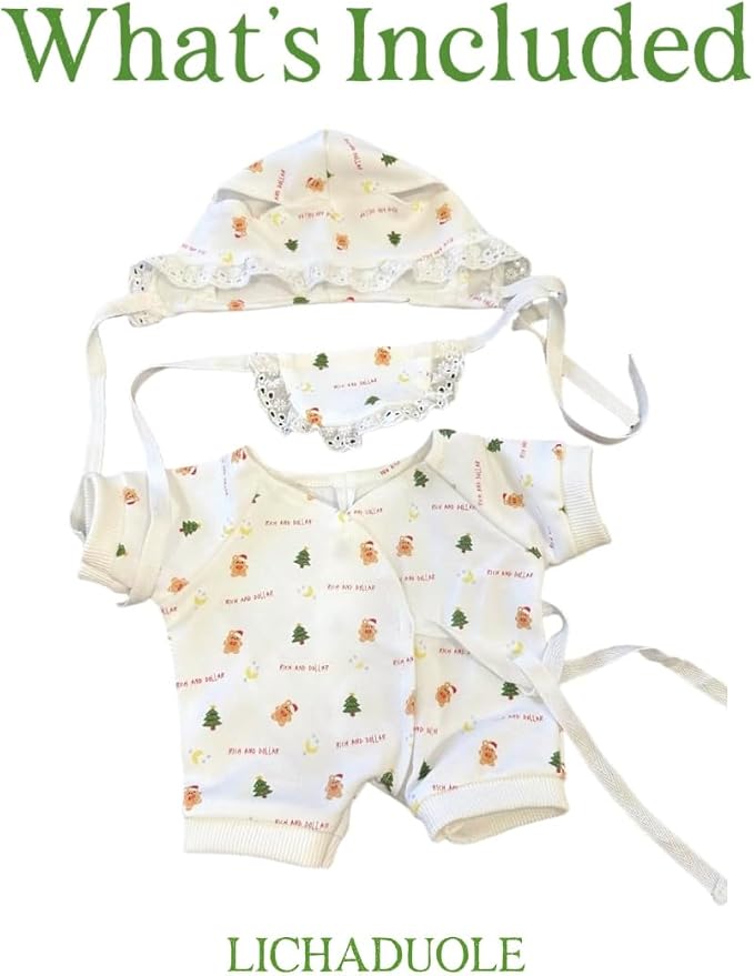 9-12"/30cm Plush Doll Pajama Set: 3-Piece (Onesie + Bib + Bonnet) for Teddy Bear Clothes for Medium Bartholomew Bear（NO Doll）