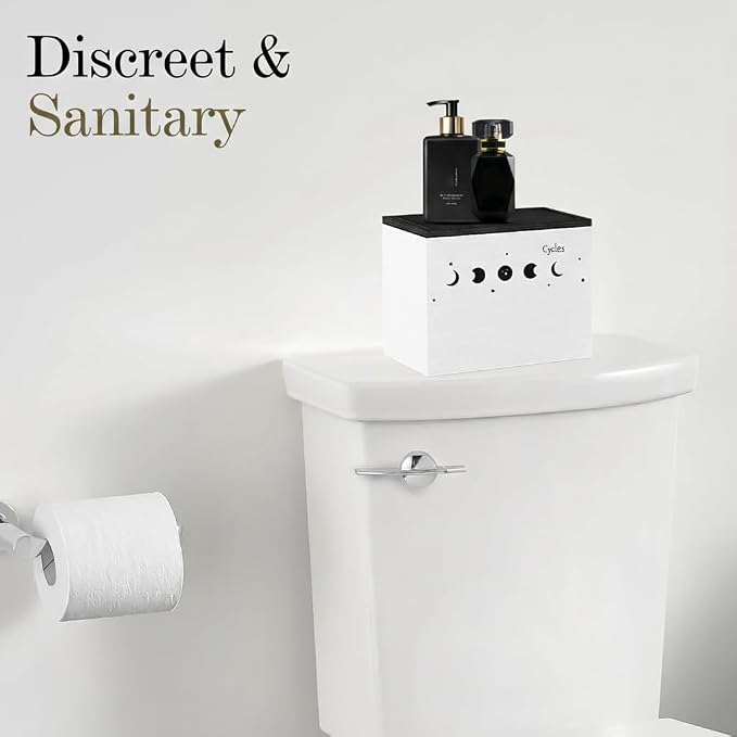 HOTCAN Discreet Wooden Tampon Holder for Bathroom with Built-In Vanity Lid | Feminine Pads Dispenser Organizer for Bathroom Countertop | Compact and Elegant Design | Multiple Mounting Options (Moon)