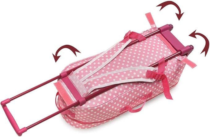 Badger Basket 3-in-1 Trolley Doll Carrier with Rocking Bed and Bedding – Adorable Pink Polka Dot Design for 18-Inch Dolls