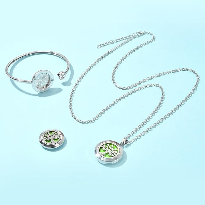 SUNNYCLUE 1Pc Essential Oil Diffuser Bracelet 1Pc Essential Oil Necklace with 4Pcs Refill Pads Tree of Life Stainless Steel Adjustable Bangle Bracelets Necklaces Aromatherapy Jewelry for Women Gift